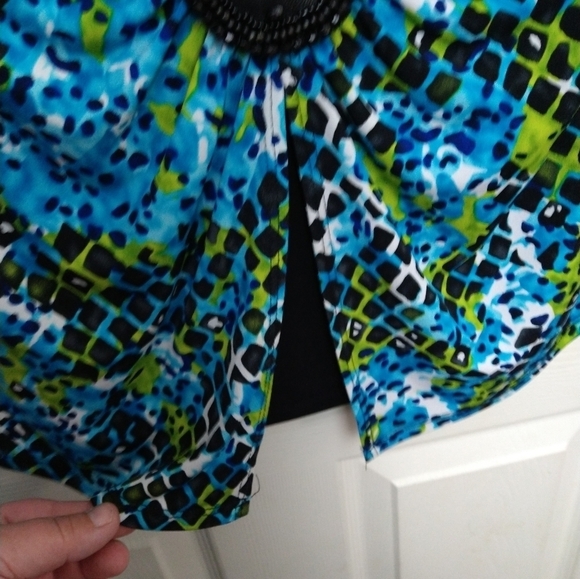 $ Kim Rogers blue black green squared print short sleeve blouse Size PL - Picture 7 of 9